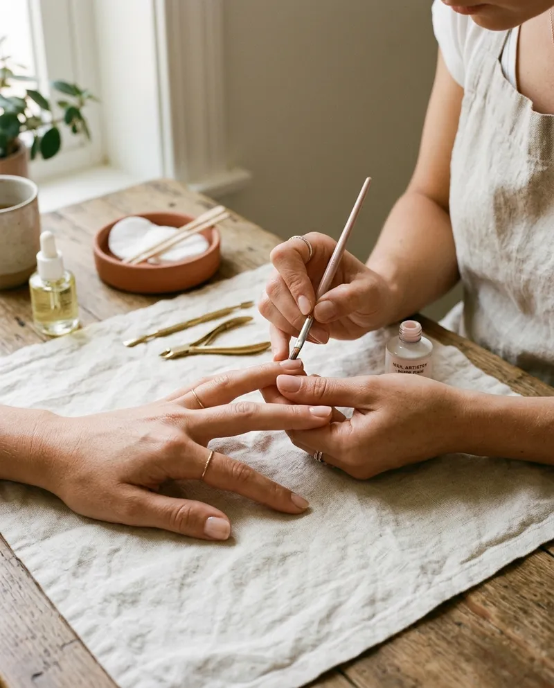 Mãos a receber uma manicure em gel no gabinete Thaís
